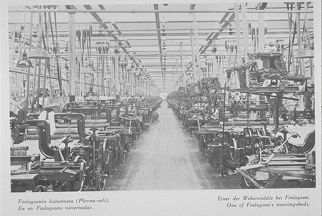 Finlayson weaving hall, 1932 — rows of identical looms stretching down the hall, a metaphor for many small factors composing into one well-tuned system